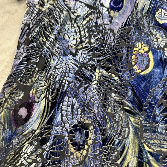 VTG Velvet Burnout Peacock Feather Print Stretch Top XL - Picture 6 of 13